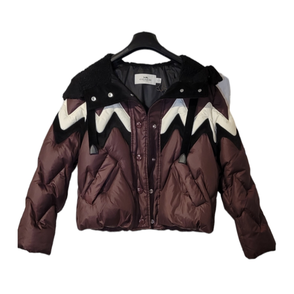 NWT Coach Fair Isle Puffer Jacket XS Maroon/Brown